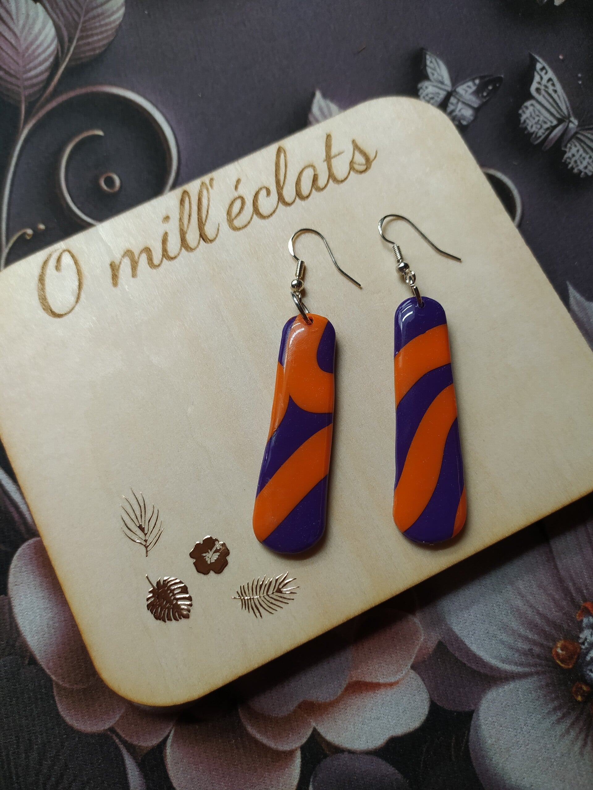 Boucles d'oreilles pendantes Eclat de crépuscule Argile polymère pro orange-violet Acier inoxydable argent