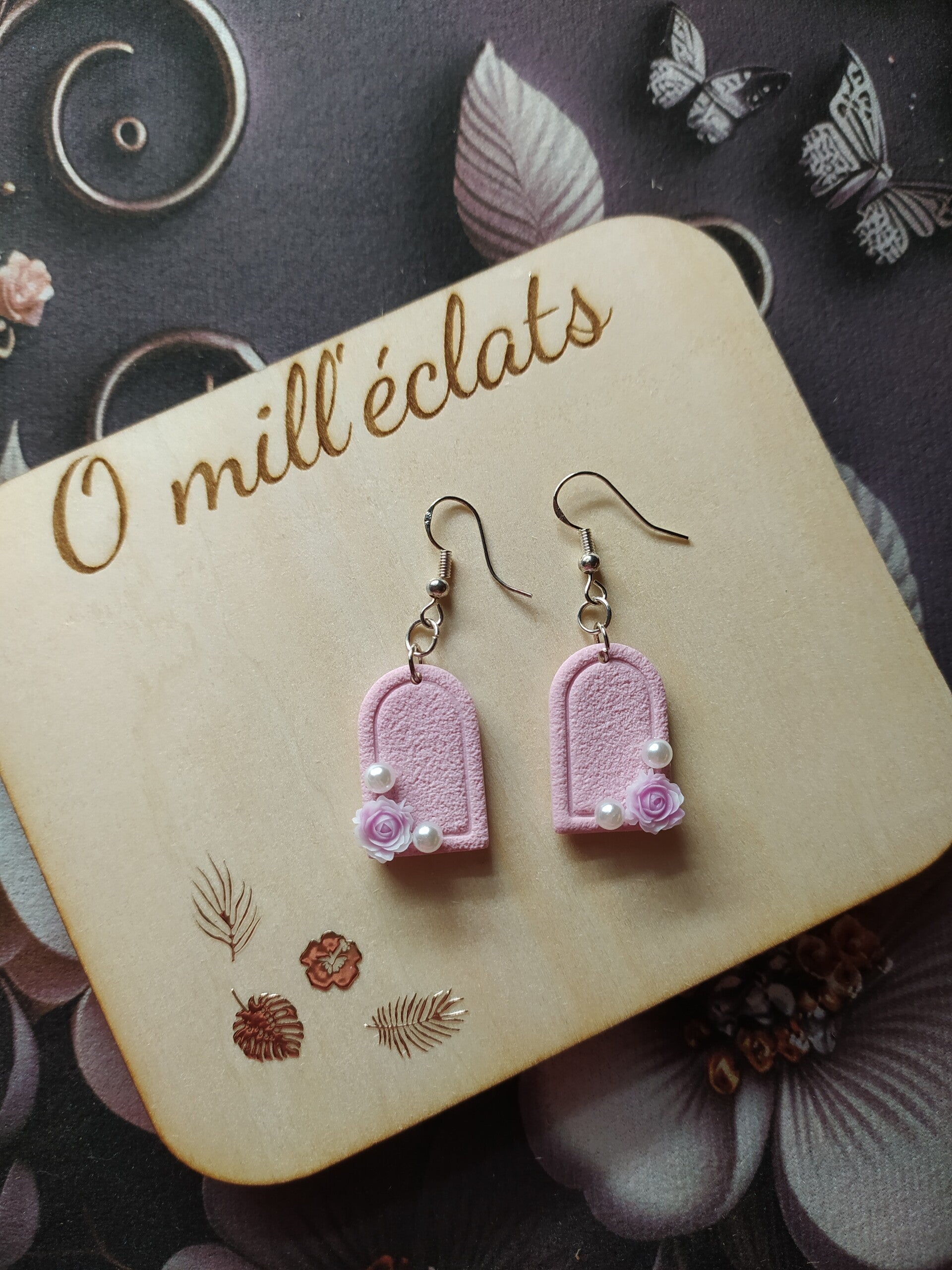 Boucles d'oreilles pendantes Pétale de soie Argile polymère pro rose Acier inoxydable argent