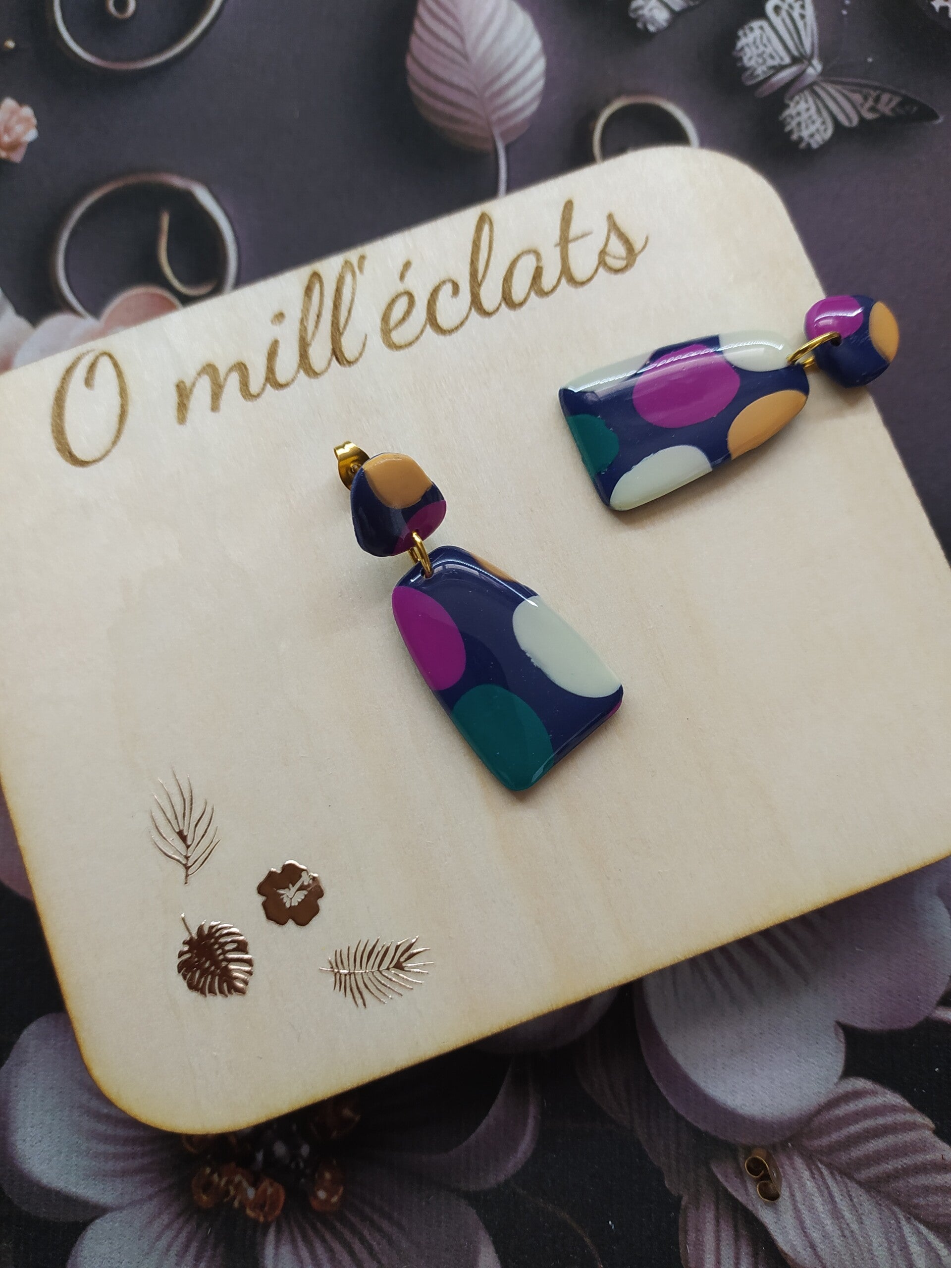 Boucles d'oreilles pendantes Pépita Argile polymère pro bleu/rose/crème/vert Acier inoxydable or