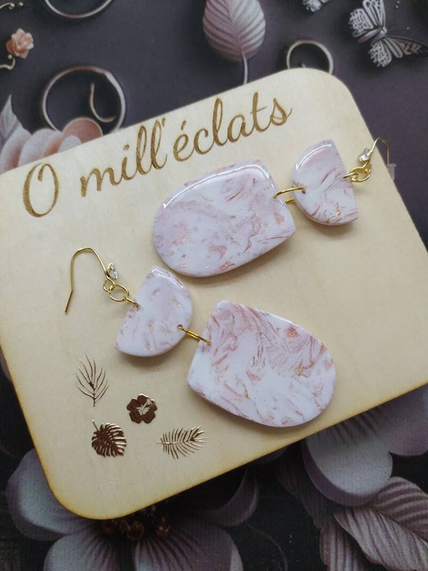 Boucles d'oreilles pendantes Sable précieux Argile polymère pro blanc-marron-feuilles d'or Plaqué or 18k