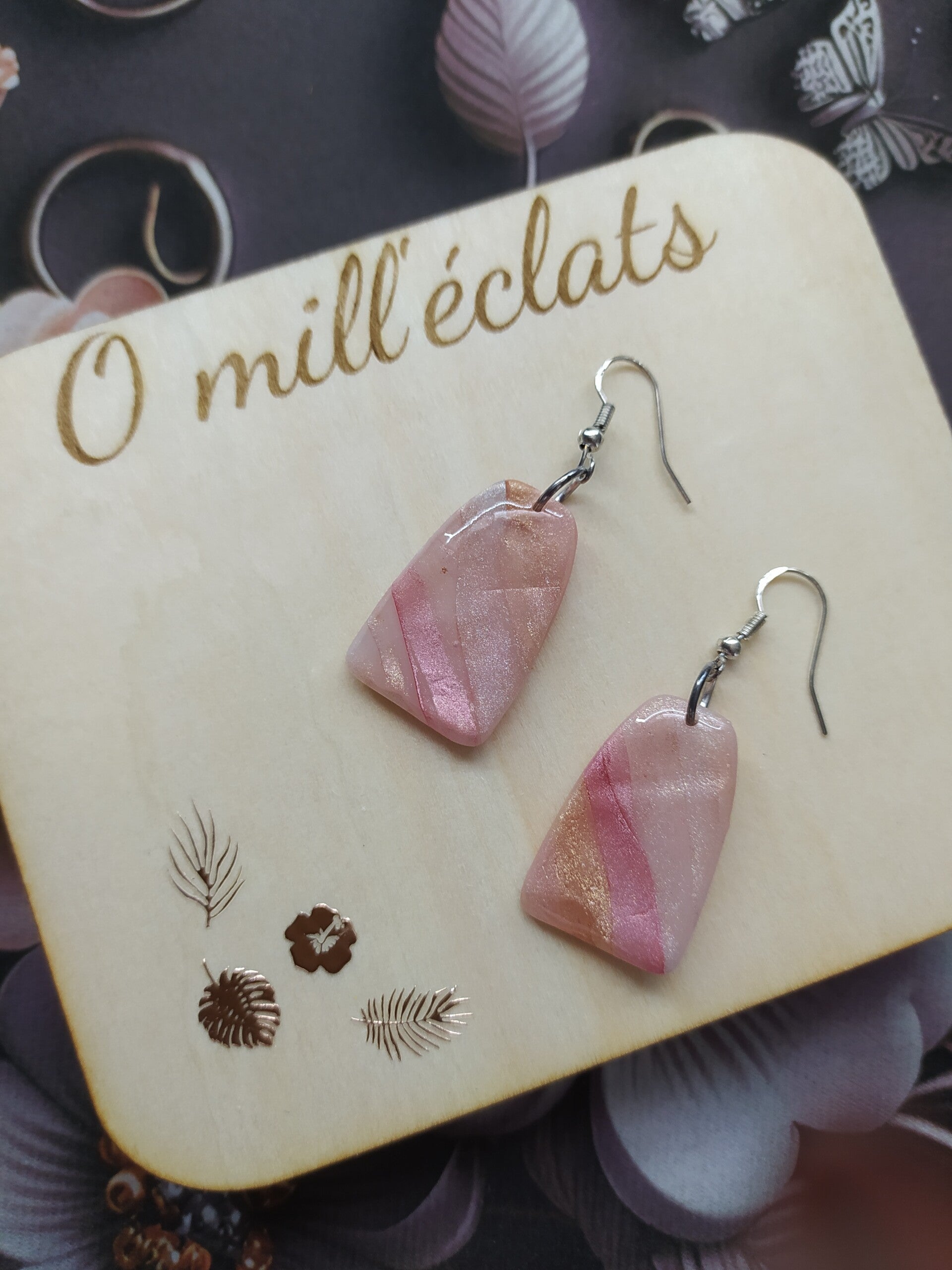 Boucles d'oreilles pendantes Brise de Champagne Argile polymère pro marron-rose Acier inoxydable argent