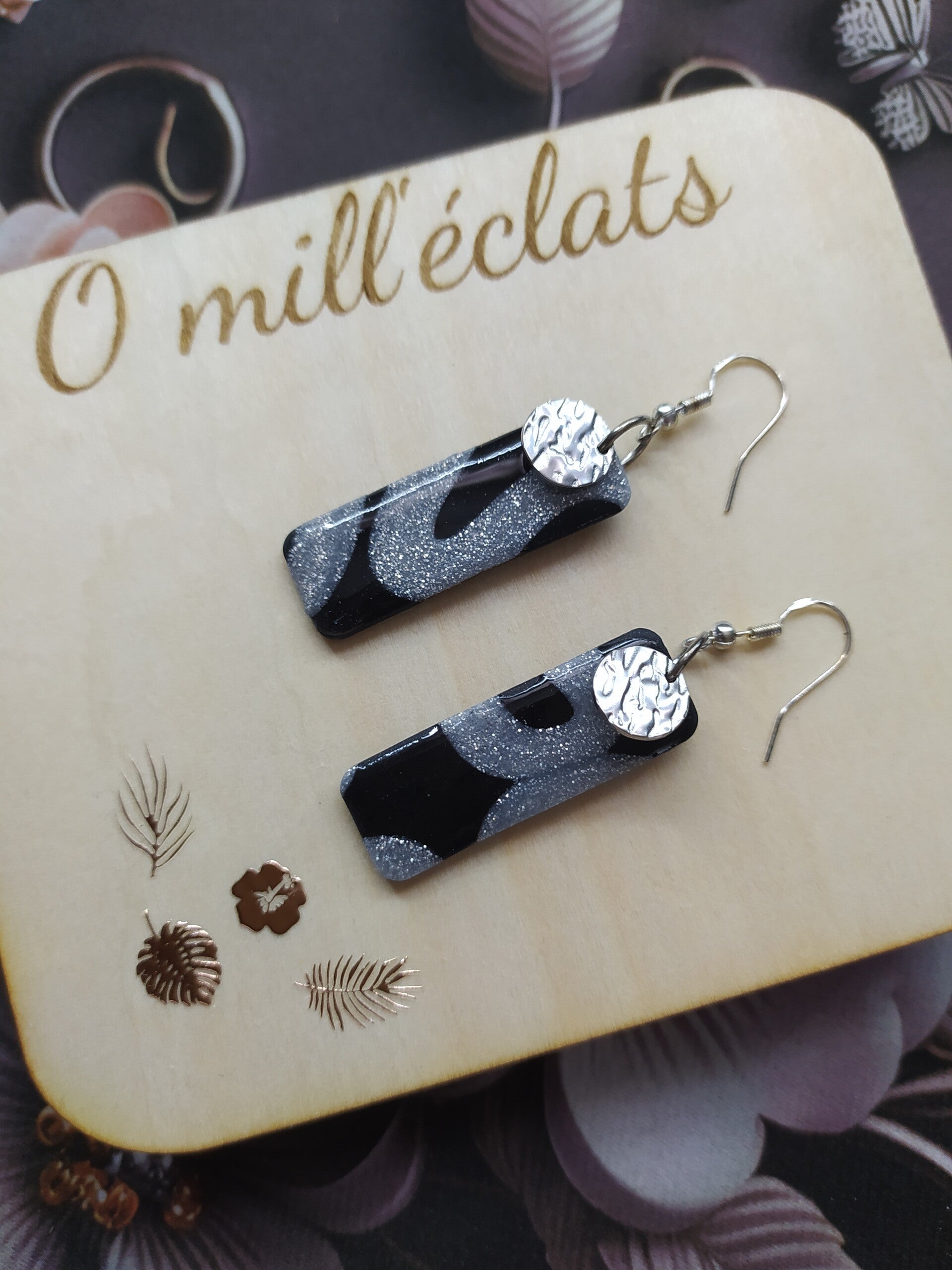 Boucles d'oreilles pendantes Nuit d'argent Argile polymère pro noir-gris argenté Acier inoxydable argent