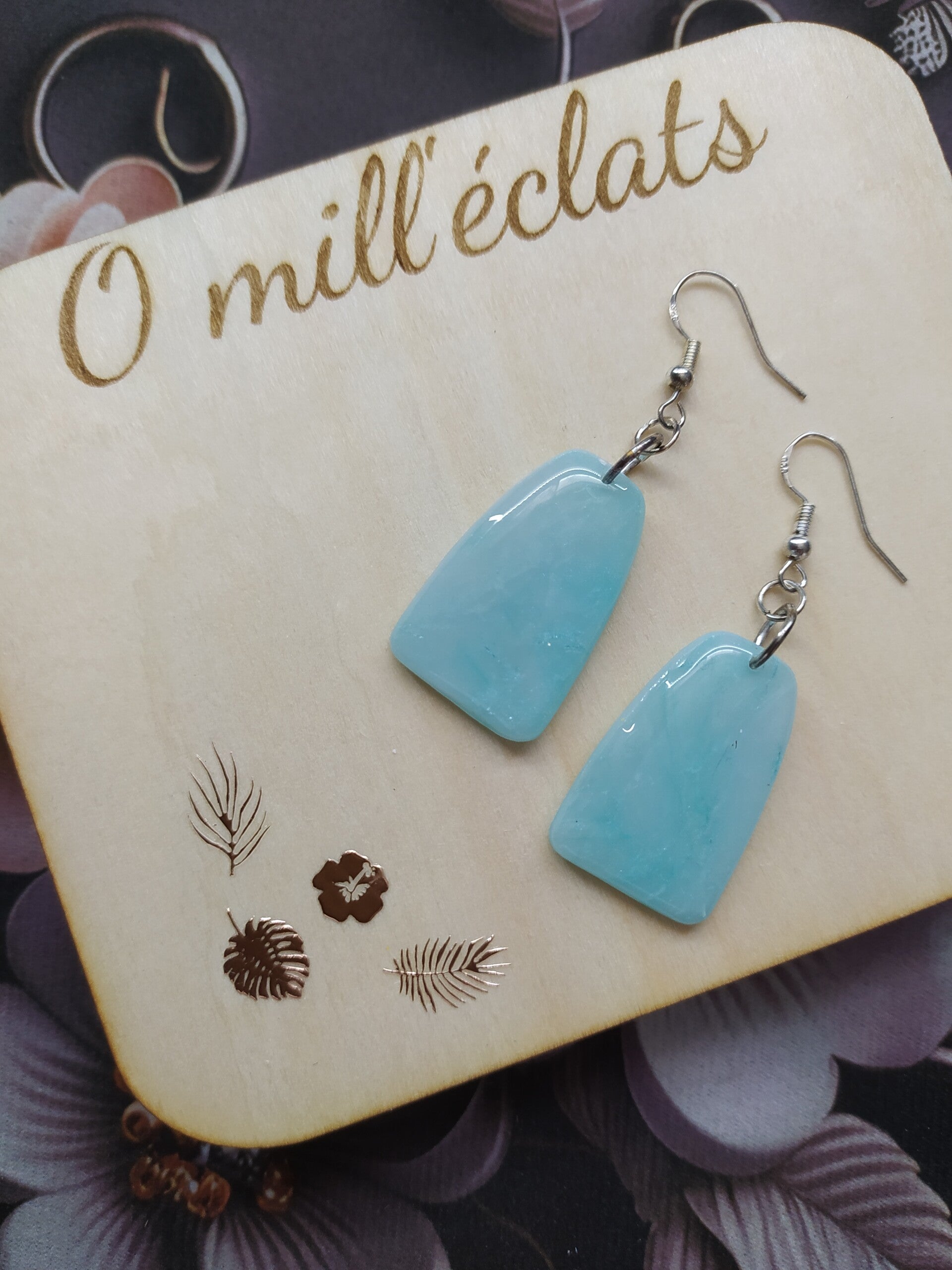 Boucles d'oreilles pendantes Azur émeraude Argile polymère pro bleu-reflets verts Acier inoxydable argent