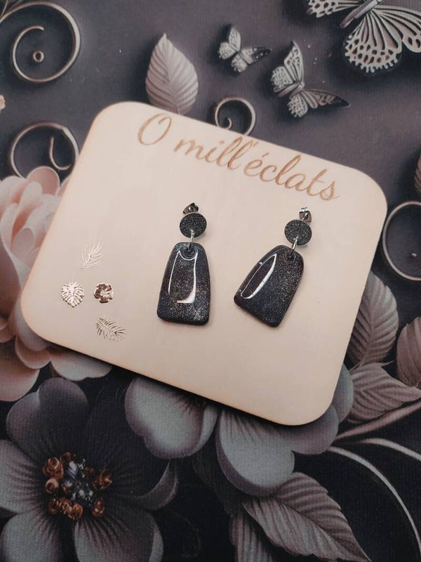 Boucles d'oreilles pendantes Velours lumineux Argile polymère pro noir Fines paillettes Acier inoxydable argenté