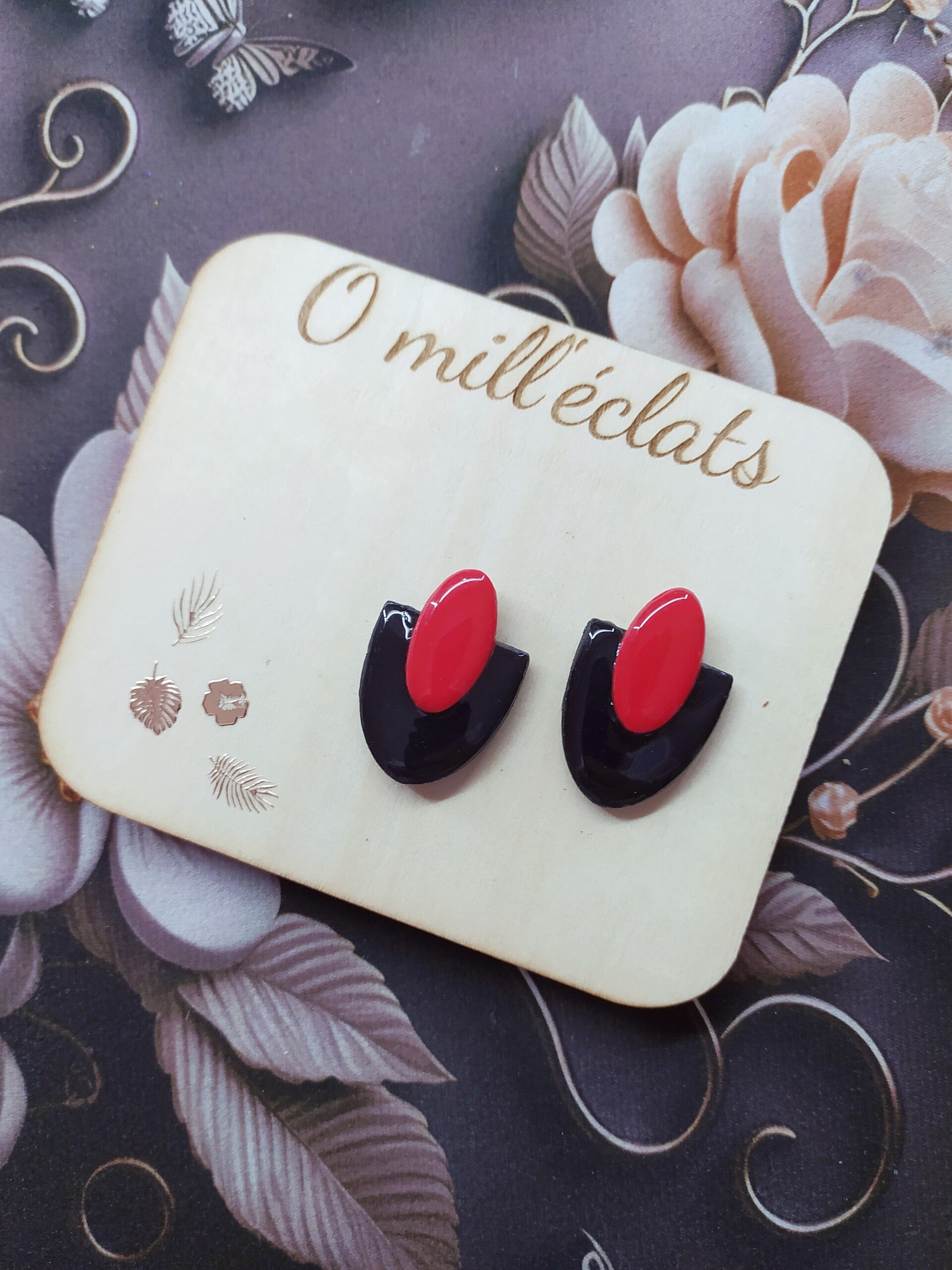Boucles d'oreilles pendantes Rubis noir Argile polymère pro rouge et noir Acier inoxydable argenté