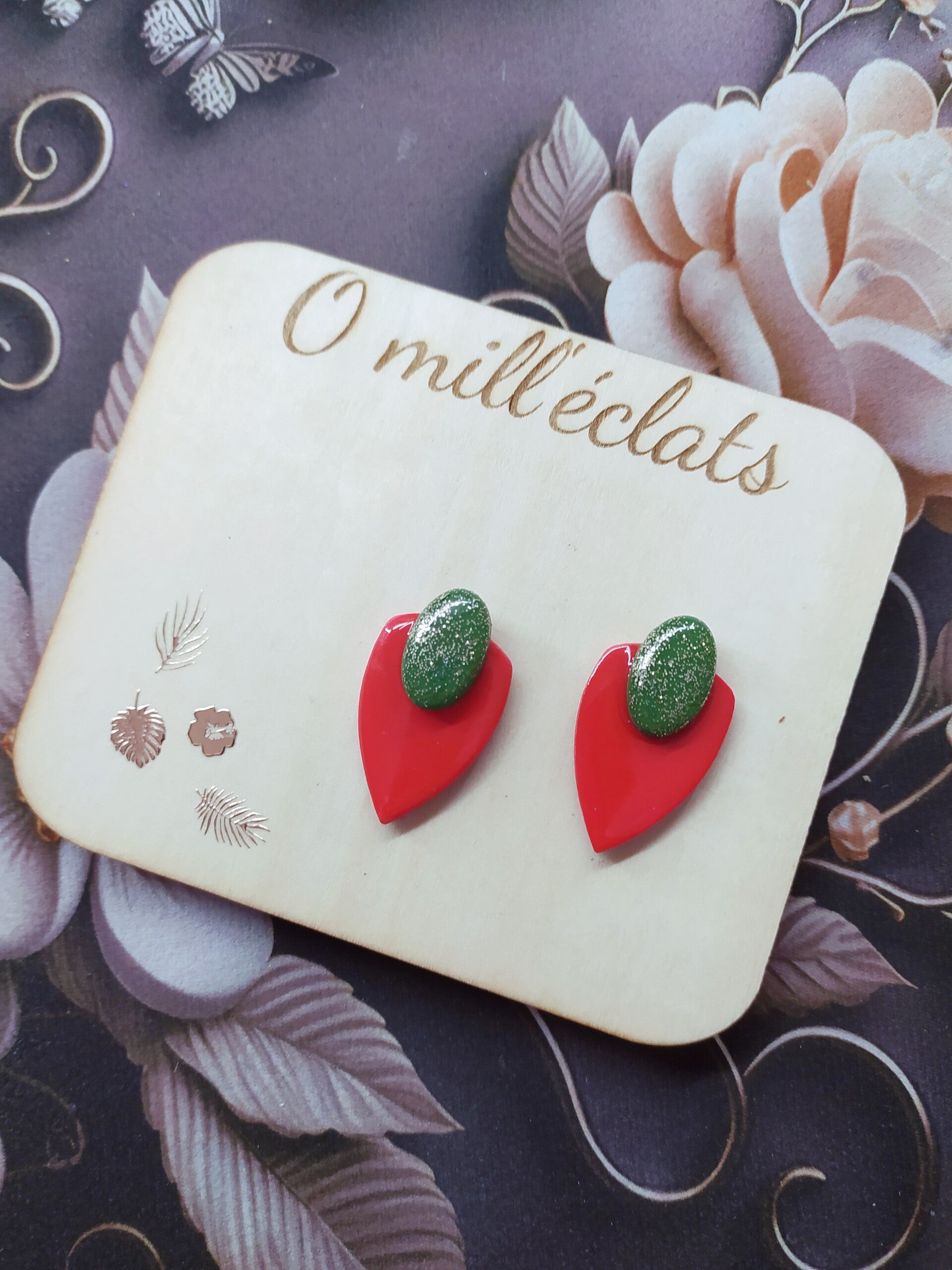 Boucles d'oreilles pendantes Emeraude&Rubis Argile polymère pro rouge et vert Acier inoxydable argenté