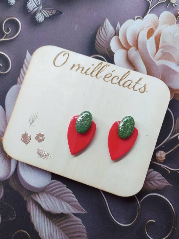 Boucles d'oreilles pendantes Emeraude&Rubis Argile polymère pro rouge et vert Acier inoxydable argenté