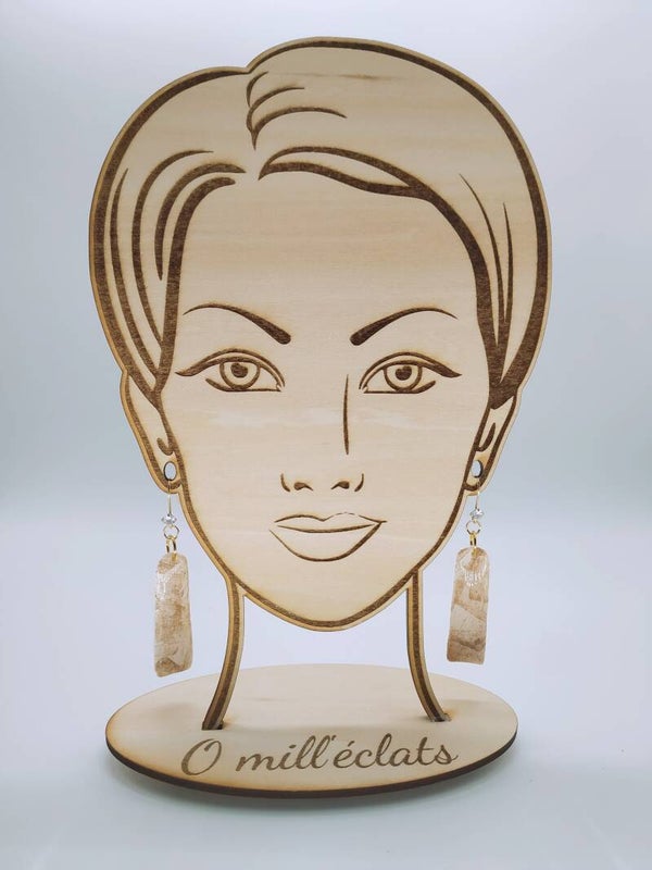 Boucles d'oreilles pendantes Sépia Argile polymère pro marron/blanc Plaqué or 18k