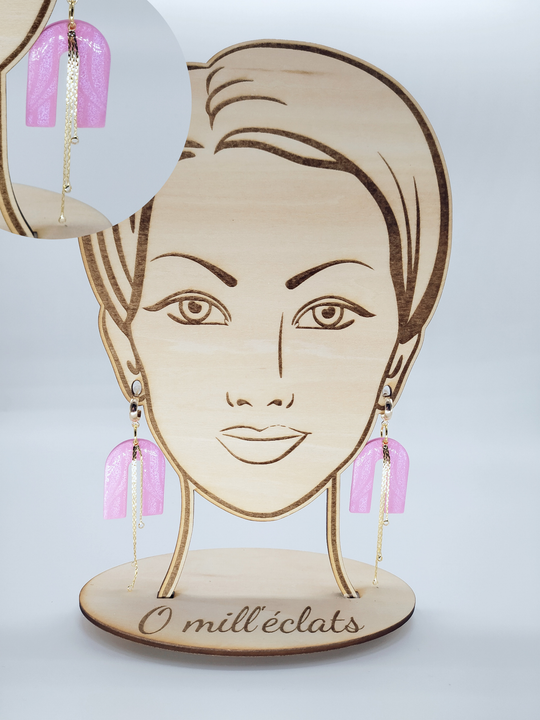 Boucles d'oreilles pendantes Douceur rosée Argile polymère pro rose reflets nacrés Plaqué or 18k
