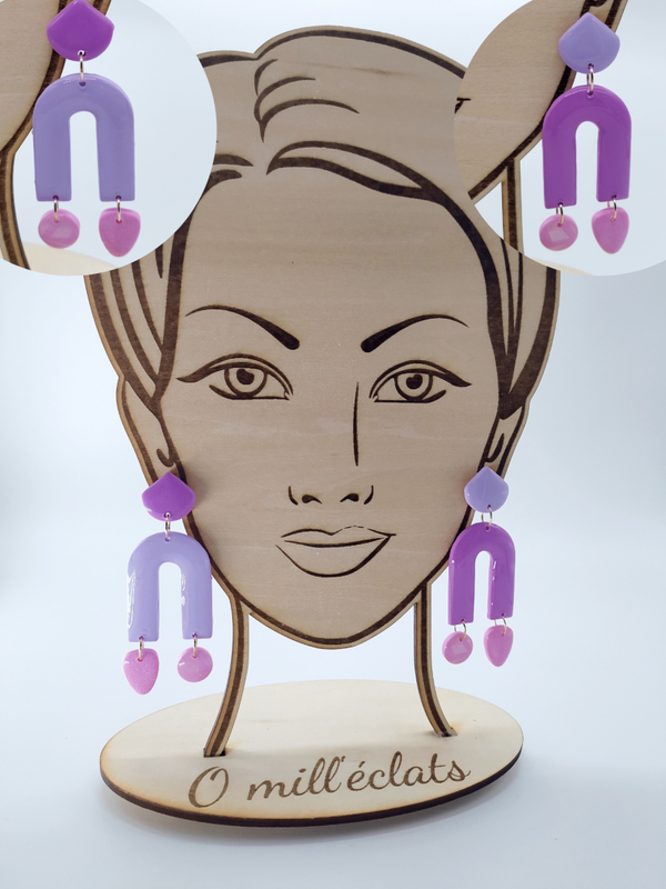 Boucles d'oreilles pendantes Fusion florale Argile polymère pro rose reflets nacrés/violet Acier inoxydable or