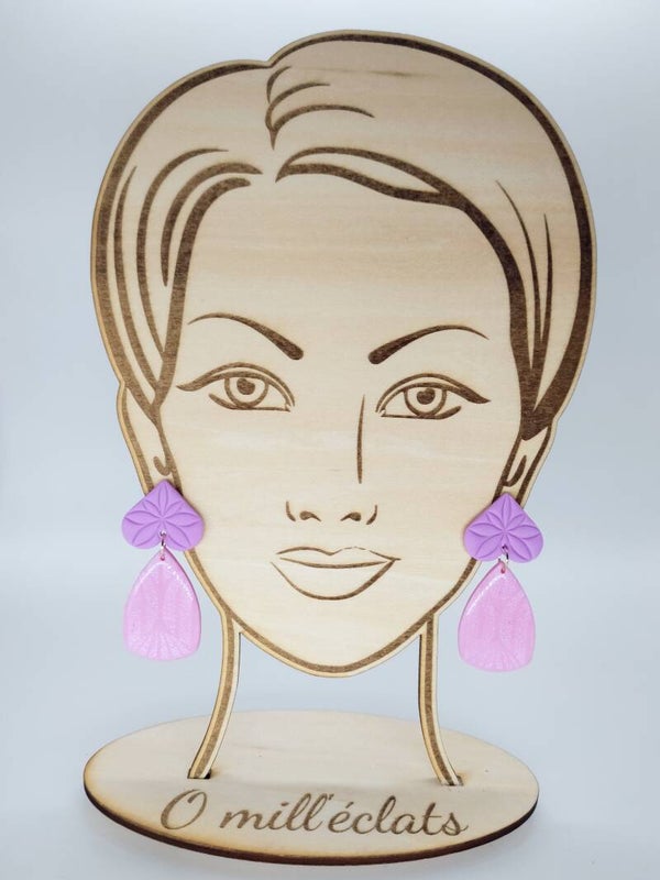 Boucles d'oreilles pendantes Eclat de féérie Argile polymère pro rose reflets nacrés/violet Acier inoxydable or