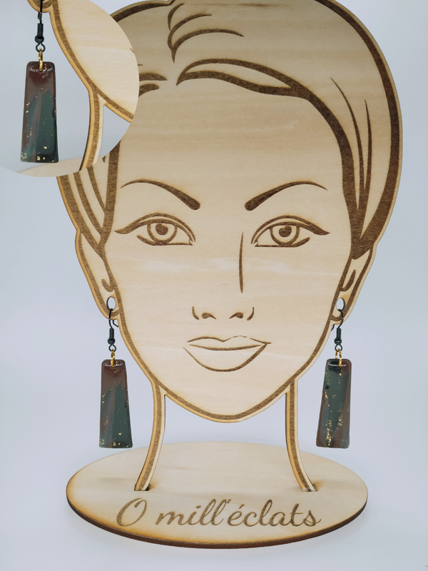 Boucles d'oreilles pendantes Ambre noire Argile polymère pro noir-marron-or Acier inoxydable noir