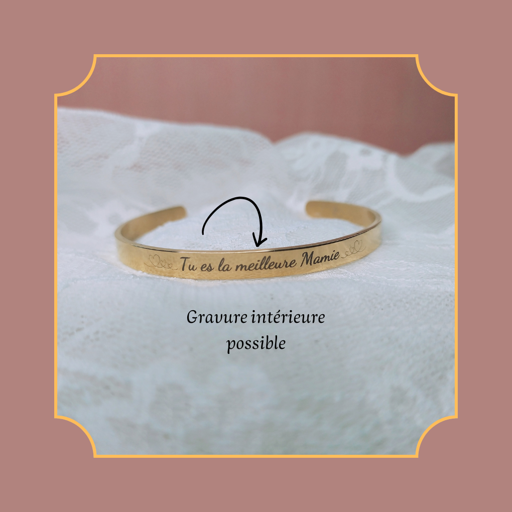 Bracelet jonc gravé en acier inoxydable ouvert ajustable