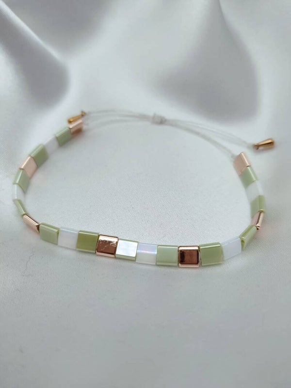 Bracelet Verdé Vert Blanc nacré Or Perles Miyuki