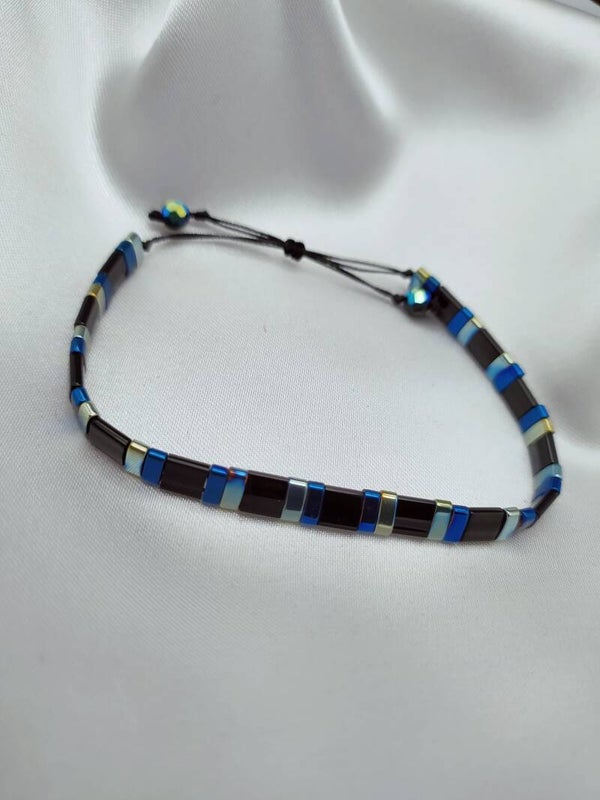 Bracelet Noiréo Noir Bleu Or Perles Miyuki