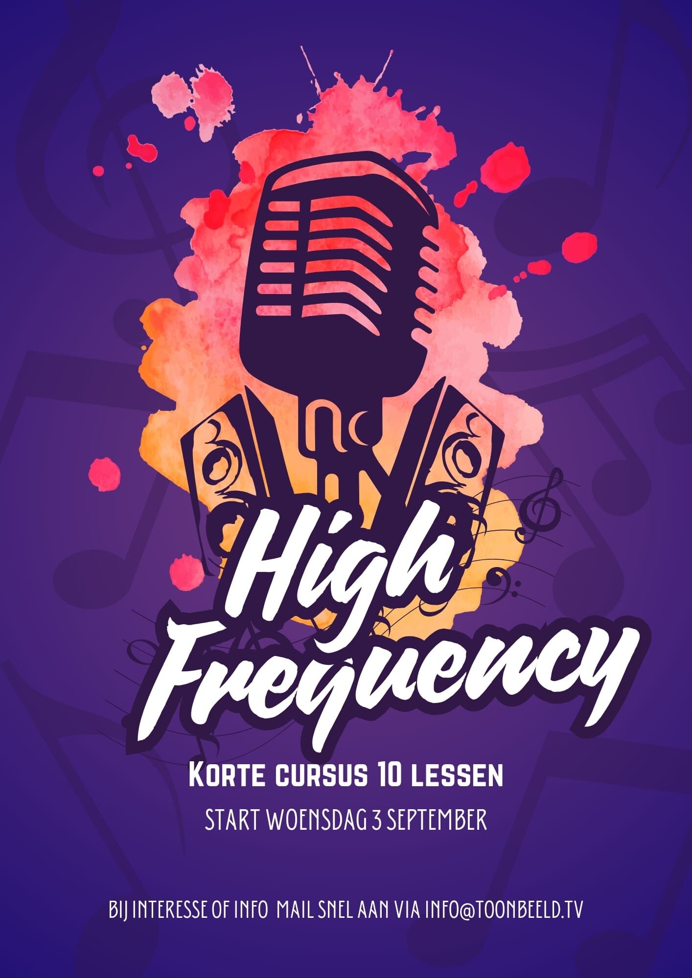 Een poster voor High Frequency. Je ziet een microfoon en boxen.