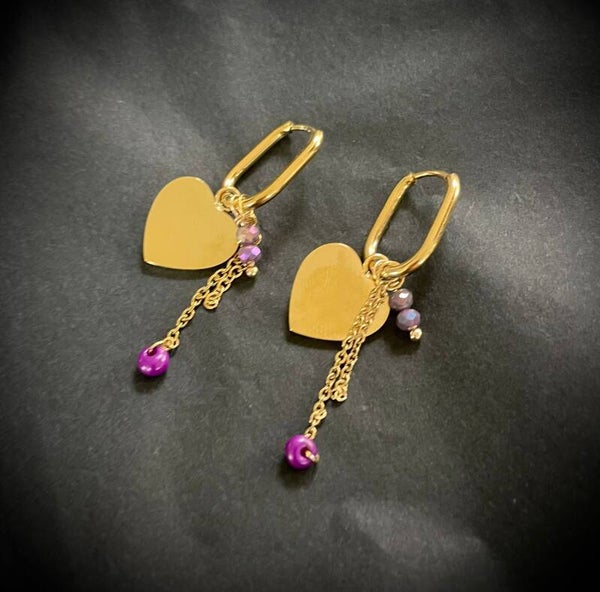 Oorbellen hart met ketting paars