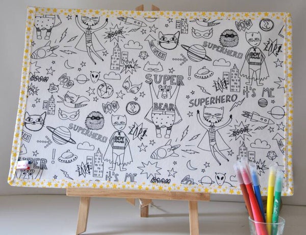 Set de Table à colorier et réutilisable - Super héros dinosaures