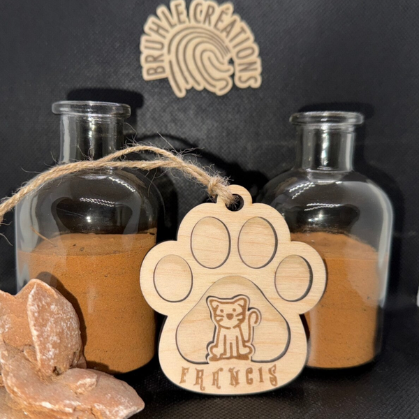 Boule en bois, chat, personnalisable au nom de votre animal