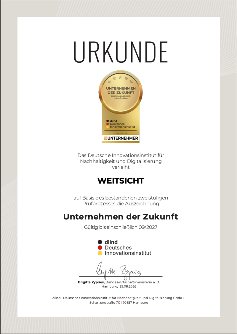Urkunde zur Auszeichnung „Unternehmen der Zukunft“ für WEITSICHT