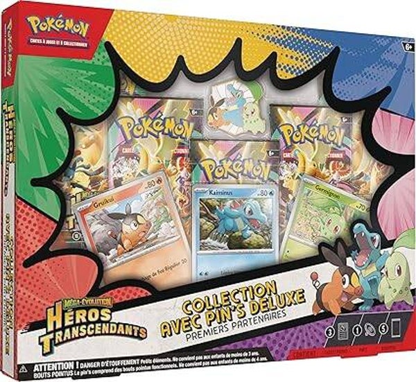 Collection avec pin’s Deluxe Premiers Partenaires Méga-Évolution – Héros Transcendants (3 Cartes Promo Brillantes, 1 pin’s Deluxe et 5 boosters)