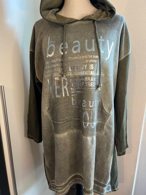 Pullover-Hoodie-Kleid in Khakigrün – Grösse L
