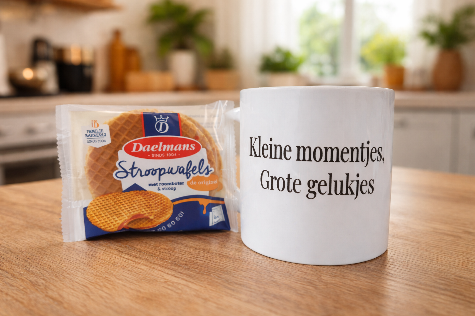 Mok met tekst “Kleine momentjes, grote gelukjes” + stroopwafel