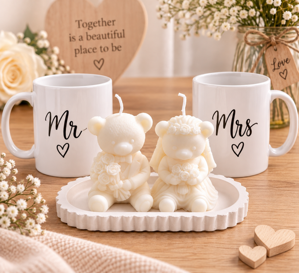 Mr & Mrs trouwcadeauset – 2 mokken & handgemaakte kaarsjes