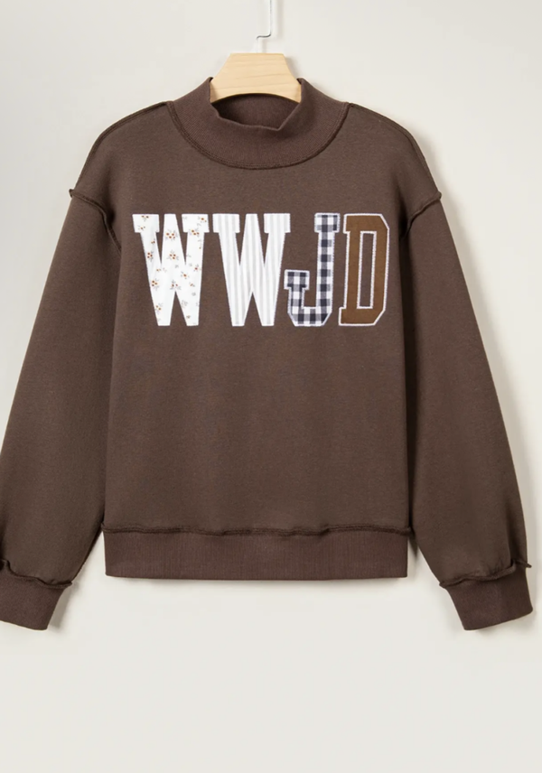 WOMEN’S WWJD EMBROIDERED PATCHWORK MOCK NECK SWEATSHIRT — PRESALE 🤎🌸