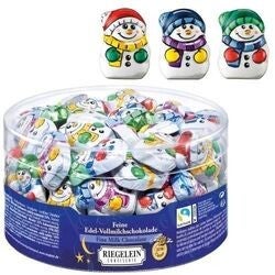 72 minis bonhommes de neige assortis en chocolat au lait extra fin emballé individuellement.