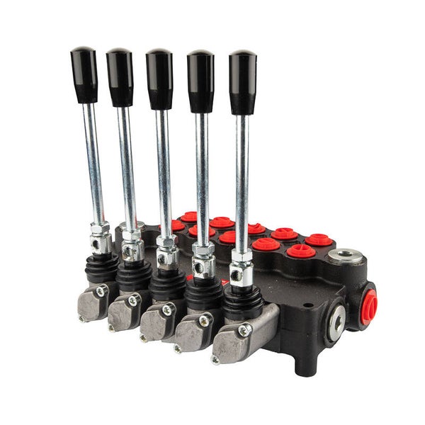 Distributeur hydraulique 5 sections 80 l/min commandé par levier.