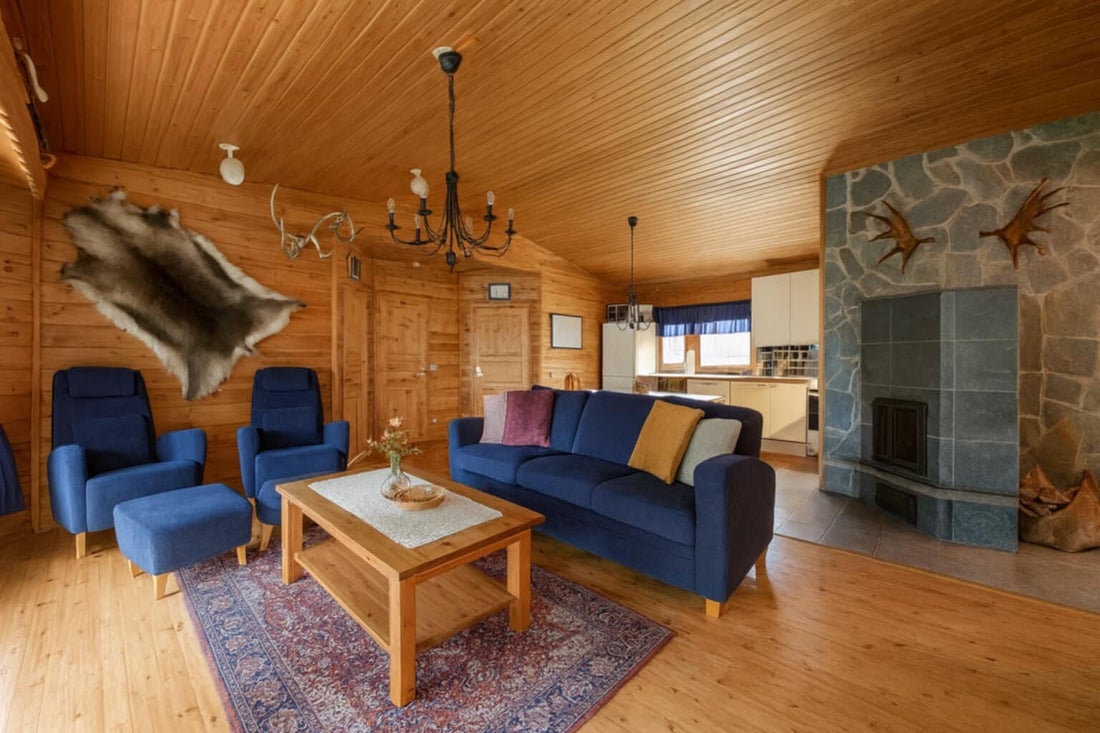 The cottage's living room and fireplace