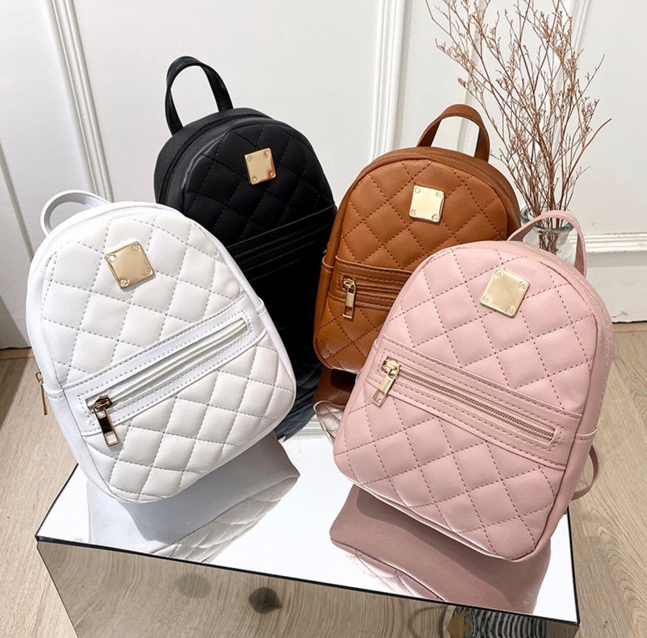 Mini Rugzak Gewatteerd Ruitpatroon PU Leer Mode Schoudertas Voor Dames Meisjes Casual Reizen