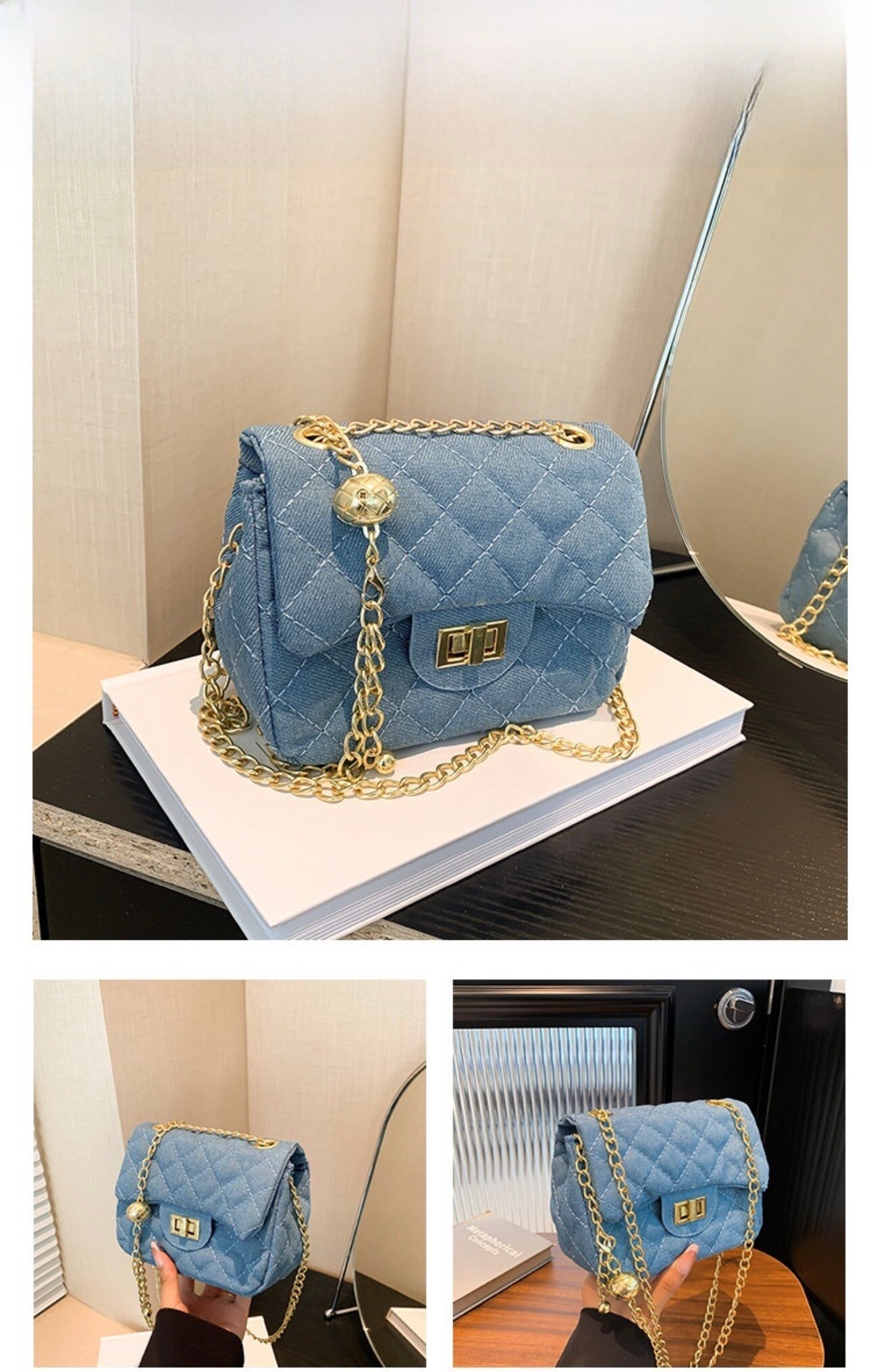 Dames Doorgestikte Denim Schoudertas Met Gouden Metalen Ketting Crossbody Kleine Vierkante Handtas Casual Chique Trendy Tas
