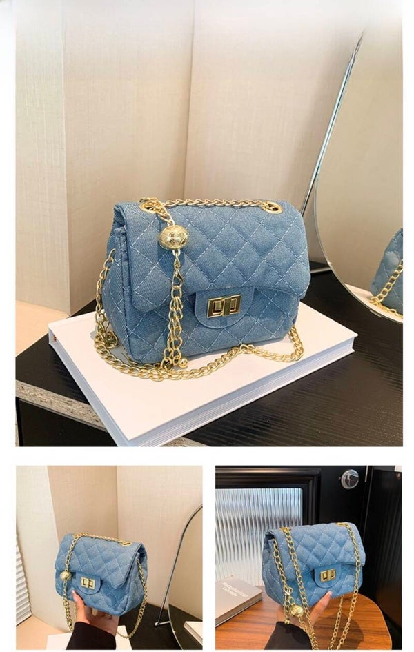 Dames Doorgestikte Denim Schoudertas Met Gouden Metalen Ketting Crossbody Kleine Vierkante Handtas Casual Chique Trendy Tas