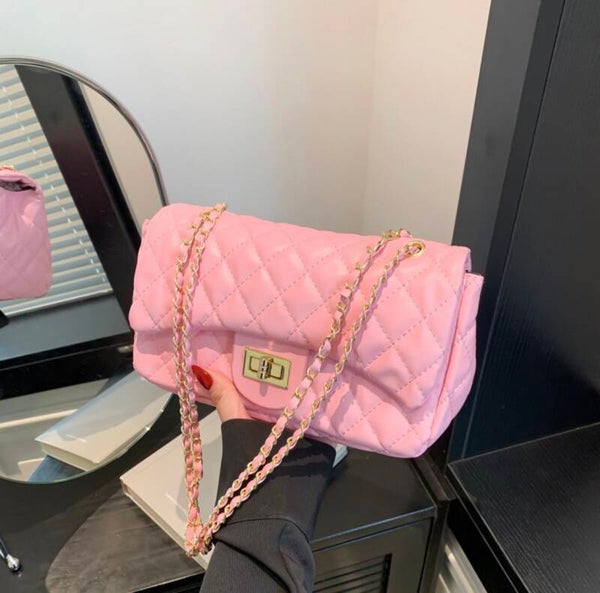 Gewatteerde Crossbodytas PU Leer Gouden Ketting Schoudertas Elegant Draaislot Klein Vierkant Minimalistisch Voor Dames