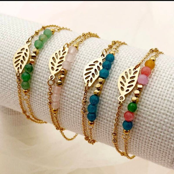Stainless Steel Double Layer Bracelet With Hollow Leaf Pendant And Colorful Crystal Beads Adjustable Fashion Jewelry For Women