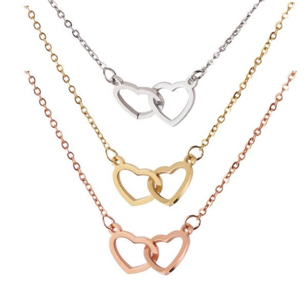 Stainless Steel Interlocking Double Heart Pendant Necklace For Women Men Mirror Polished Clavicle Chain Fashion Jewelry Gift
