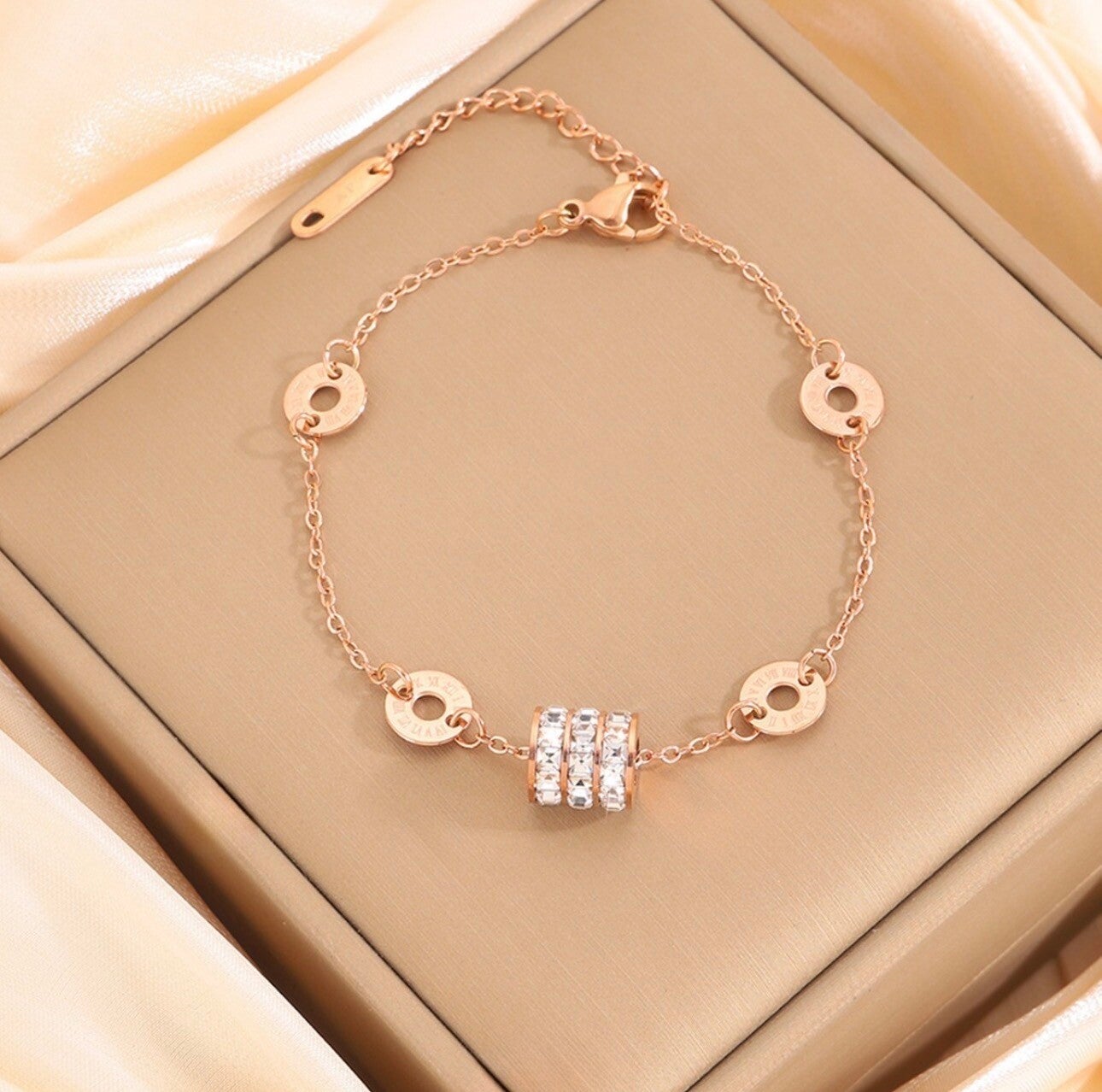 Stainless Steel Bracelet Rose Gold Roman Numerals Sparkling Zirconia Cylinder Charm Adjustable Fashion Jewelry Women