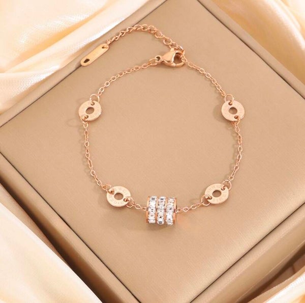 Stainless Steel Bracelet Rose Gold Roman Numerals Sparkling Zirconia Cylinder Charm Adjustable Fashion Jewelry Women