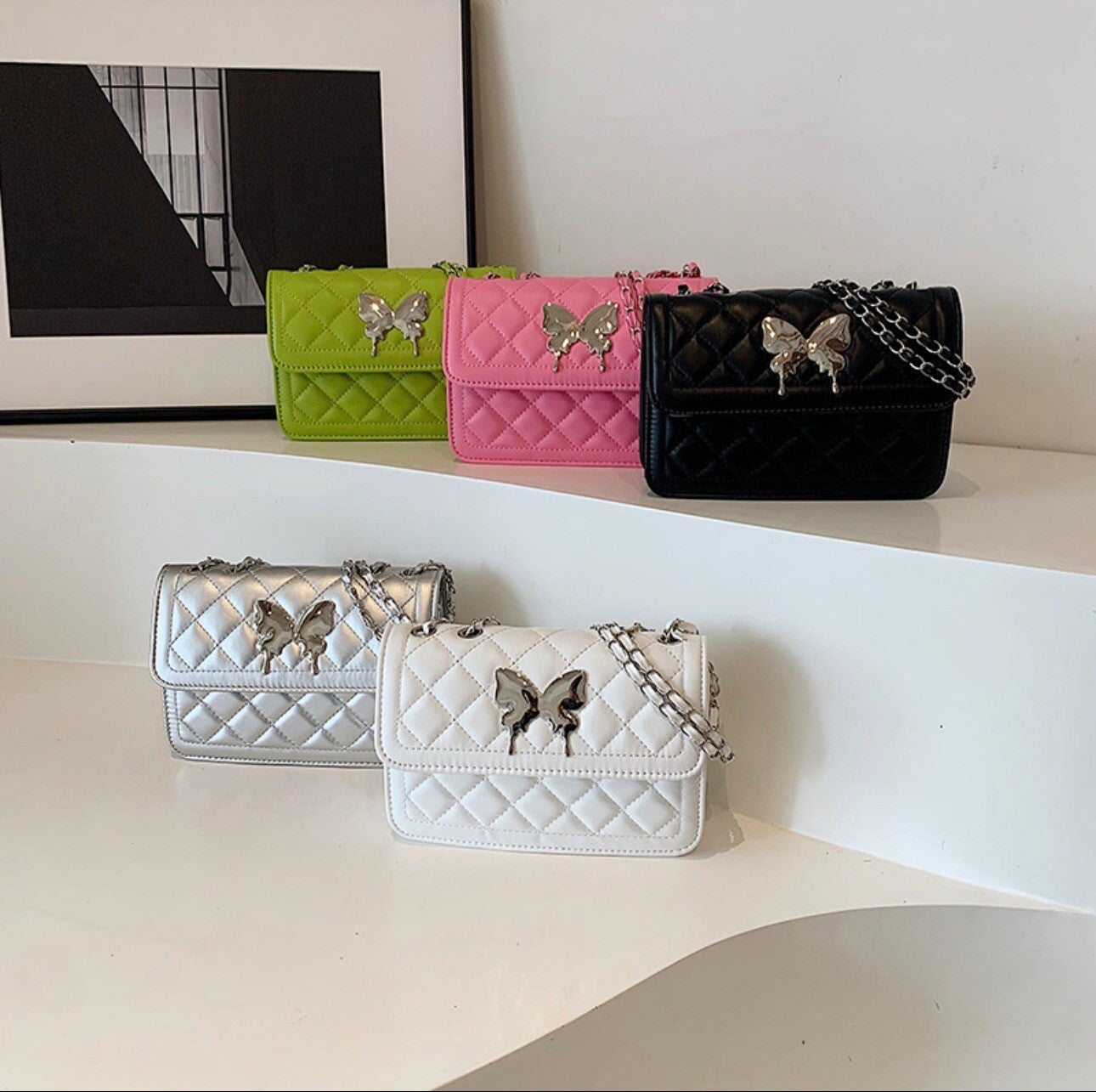 Women Quilted PU Leather Crossbody Bag Fashion Butterfly Metal Buckle Chain Shoulder Small Square Handbag Versatile Chic