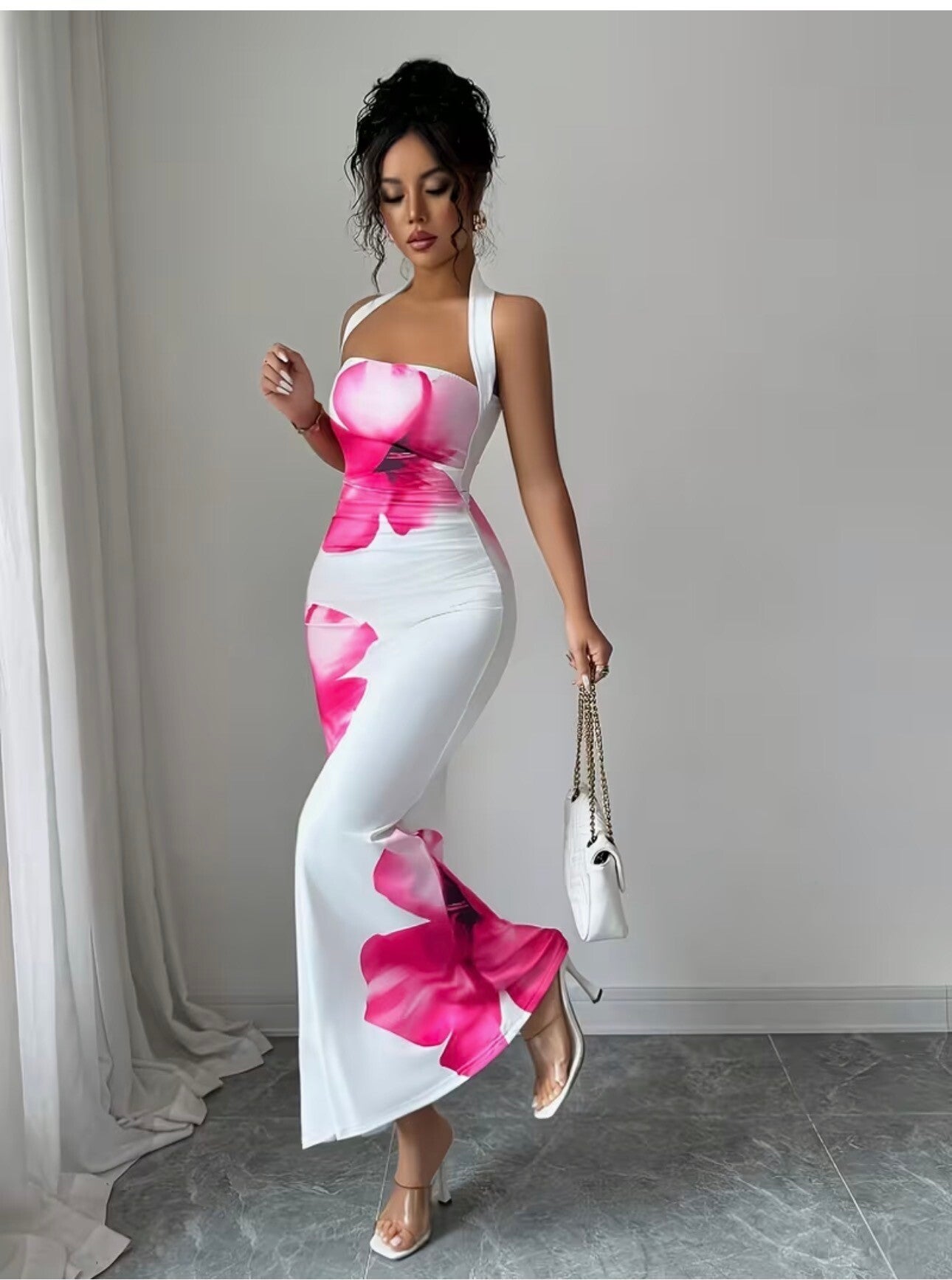 Summerhalter Neck Tie Waist Cincher Mid-Length Floral Print Dress Single Piece Dress