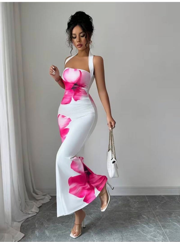 Summerhalter Neck Tie Waist Cincher Mid-Length Floral Print Dress Single Piece Dress