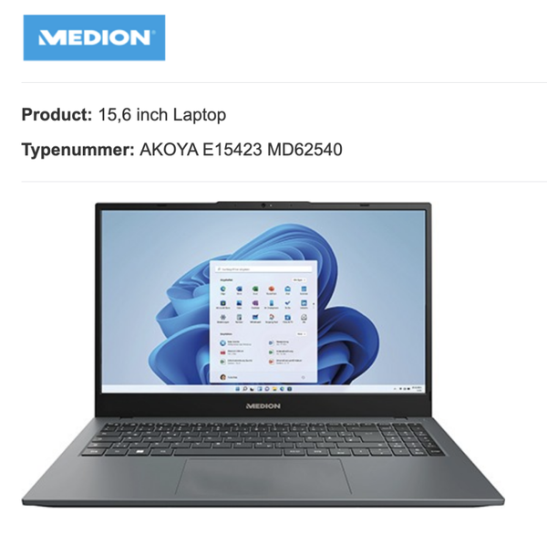 Product: 15,6 inch Laptop  Typenummer: AKOYA E15423 MD62540