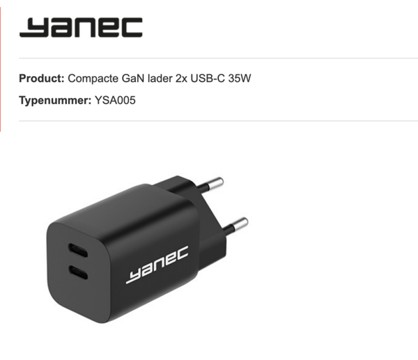 Yanec Compacte GaN lader 2x USB-C 35W