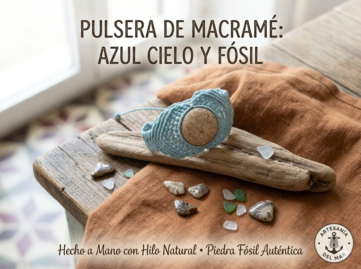 🌊✨ Pulsera de Macramé Azul Cielo con Piedra Fósil ✨🌊