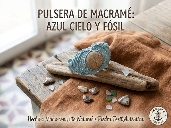 🌊✨ Pulsera de Macramé Azul Cielo con Piedra Fósil ✨🌊