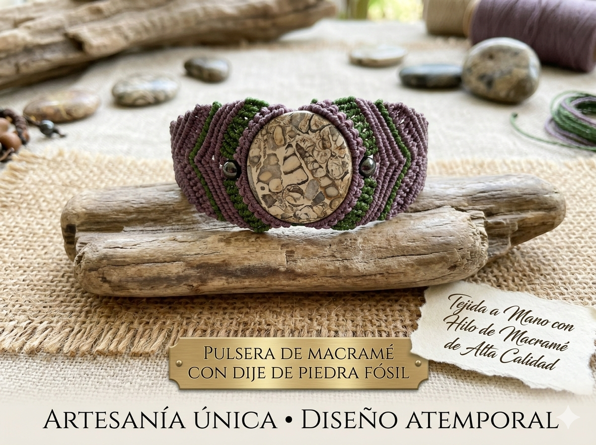 💜🌿 Pulsera de Macramé Lila con Acerina y Piedra Fósil 🌿💜