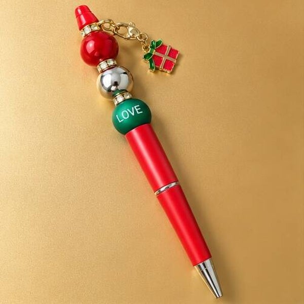 Christmas Beaded Pen with Present Charm | Red & Green Festive Gift Pen