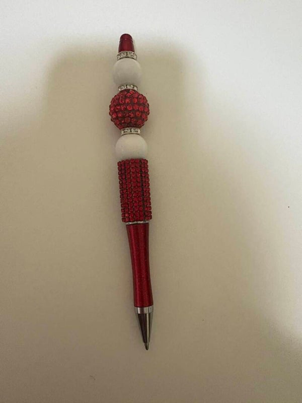 Sparkling Pink & White Rhinestone Beaded Pen – Black Ink, Elegant Design